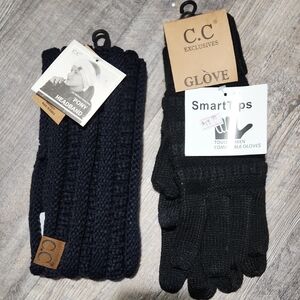 C.C Black Knit Gloves and Headband Set